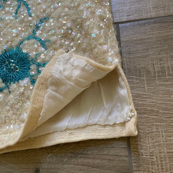 Vintage Beaded Sequin Top Womens Large Cream Blue Ocean Cell 60s Mad Men Mermaid - Picture 11 of 15